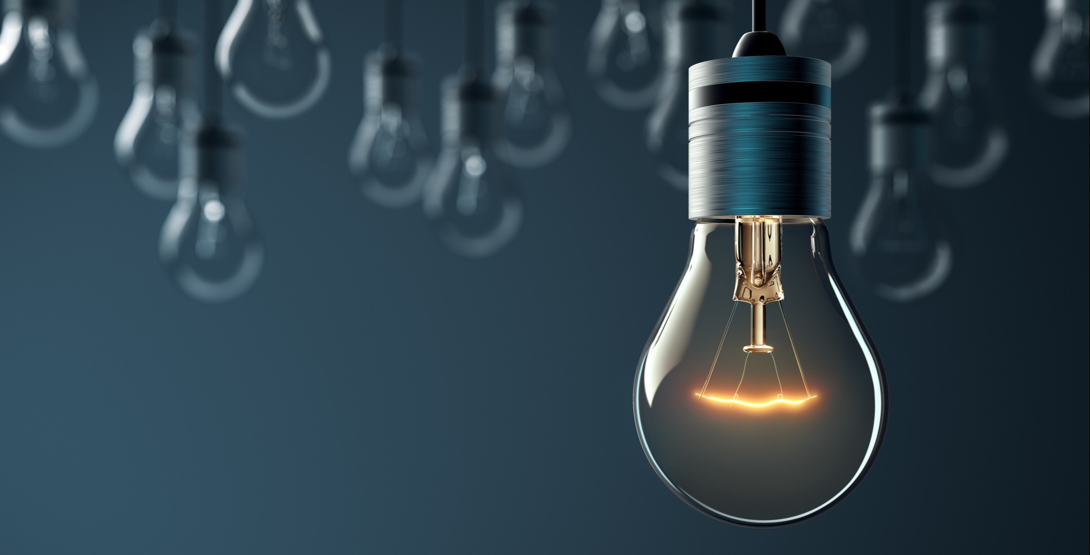 multiple hanging lightbulbs, only one lit up