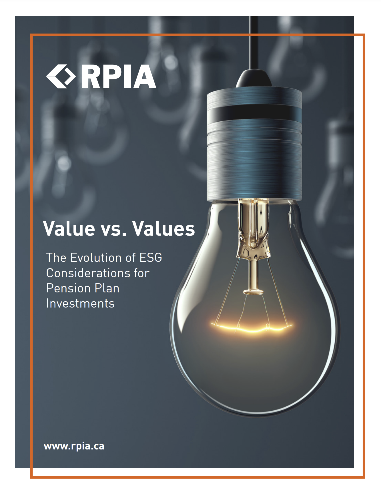 Value vs. Values - the evolution of ESG considerations for pension plan investments - title page featuring hanging light bulb photo