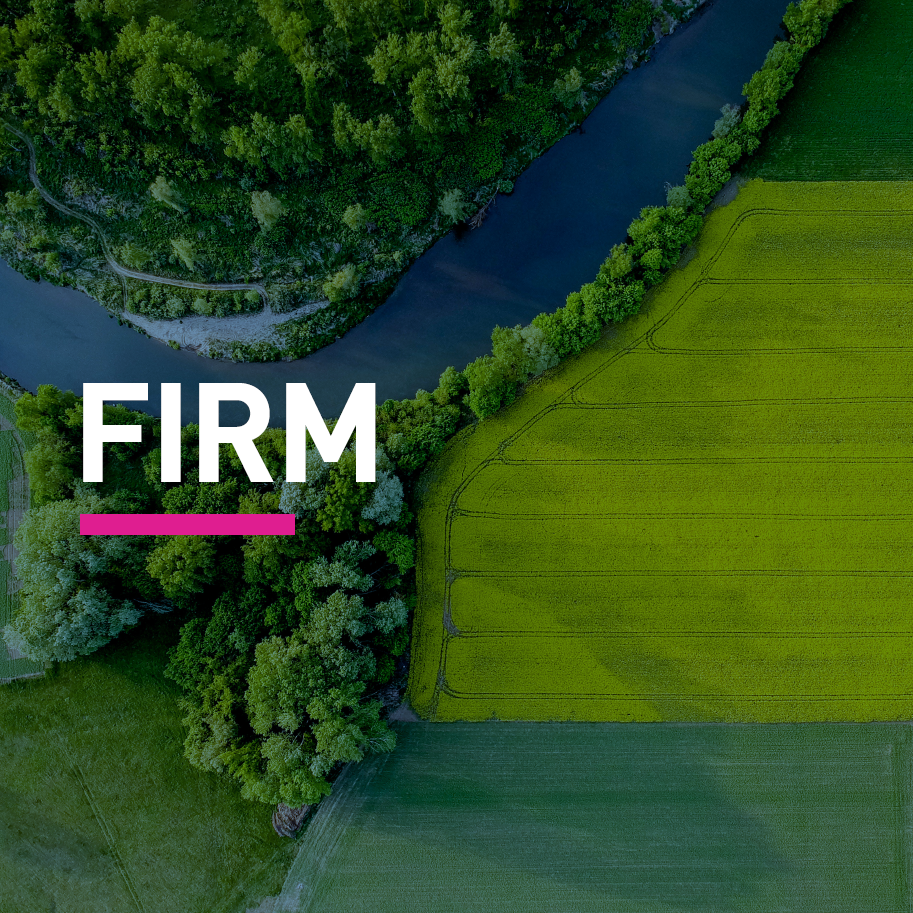 farm land with winding river with the word FIRM in front.