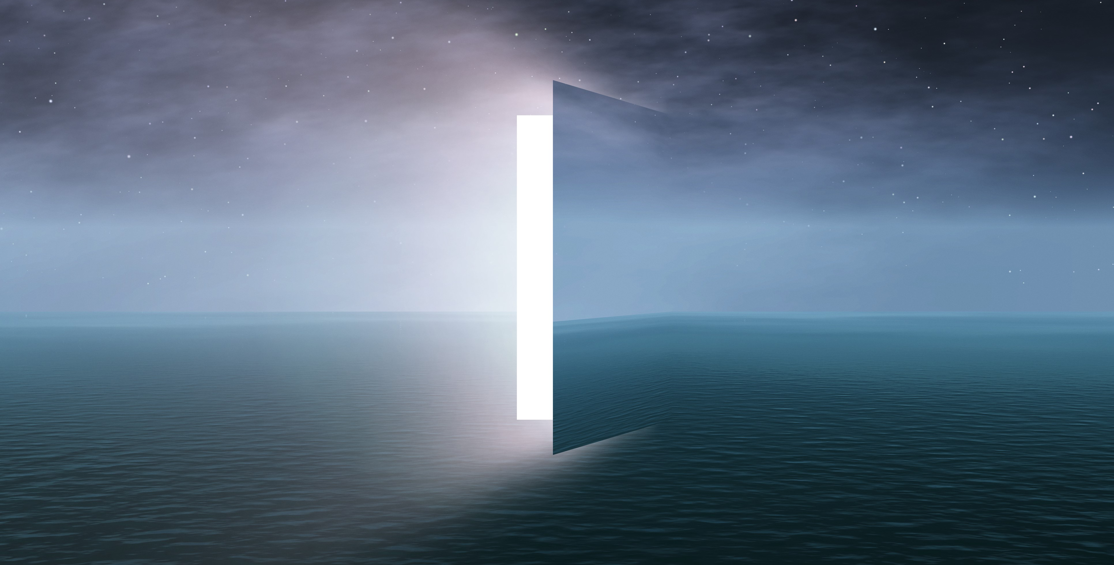 body of water and night sky with horizon and a cut out of a door with light shining through