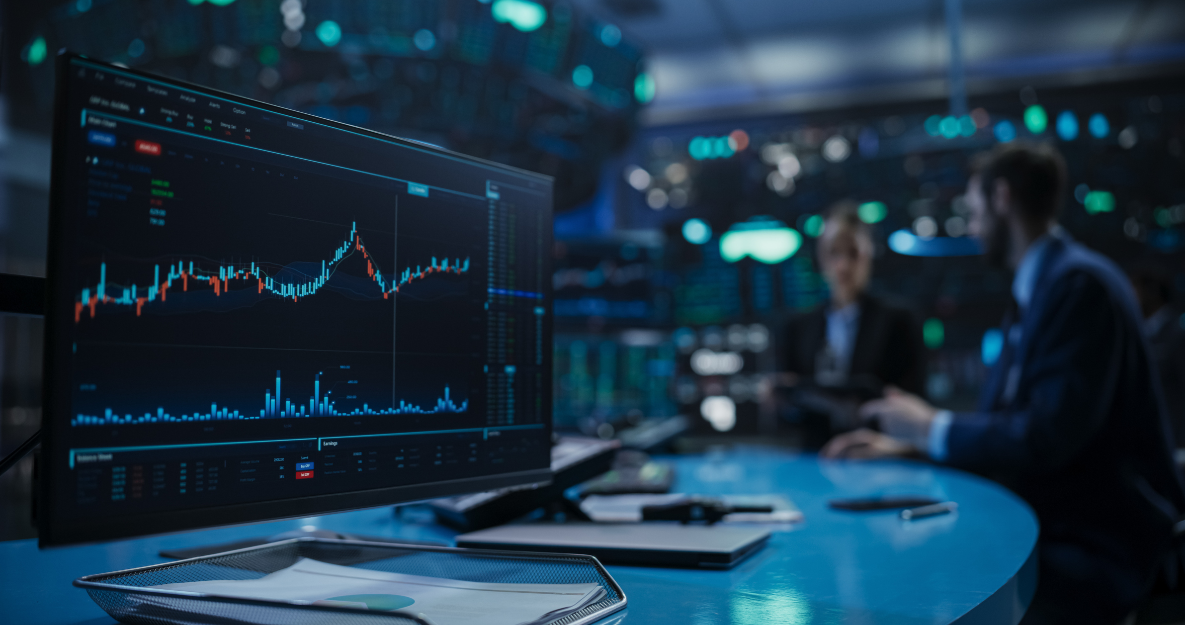 Close Up on a Computer Screen with Real-Time Stock Market Analytics, Graphs, and Reports.