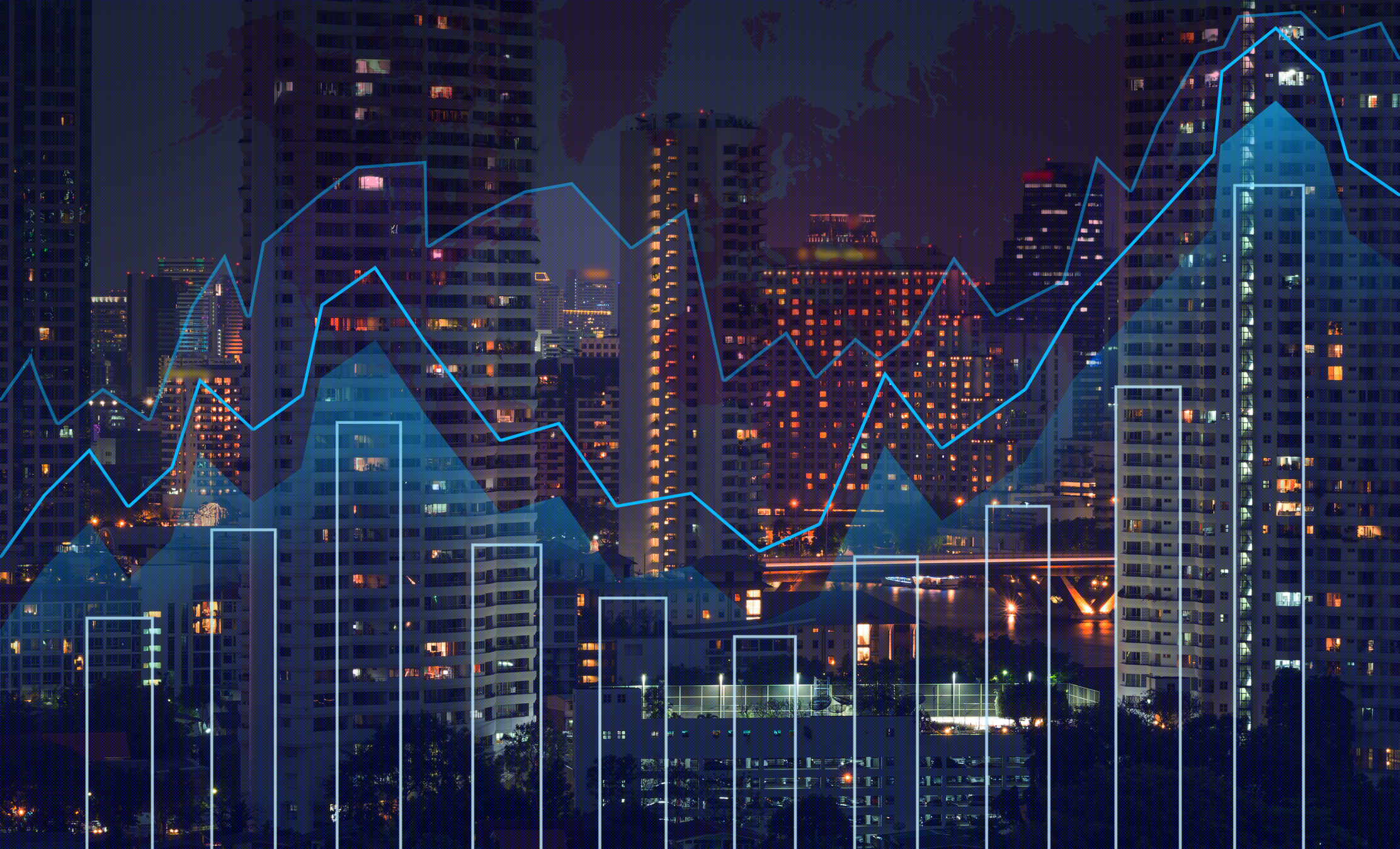 Trading graph on the cityscape at night and world map background