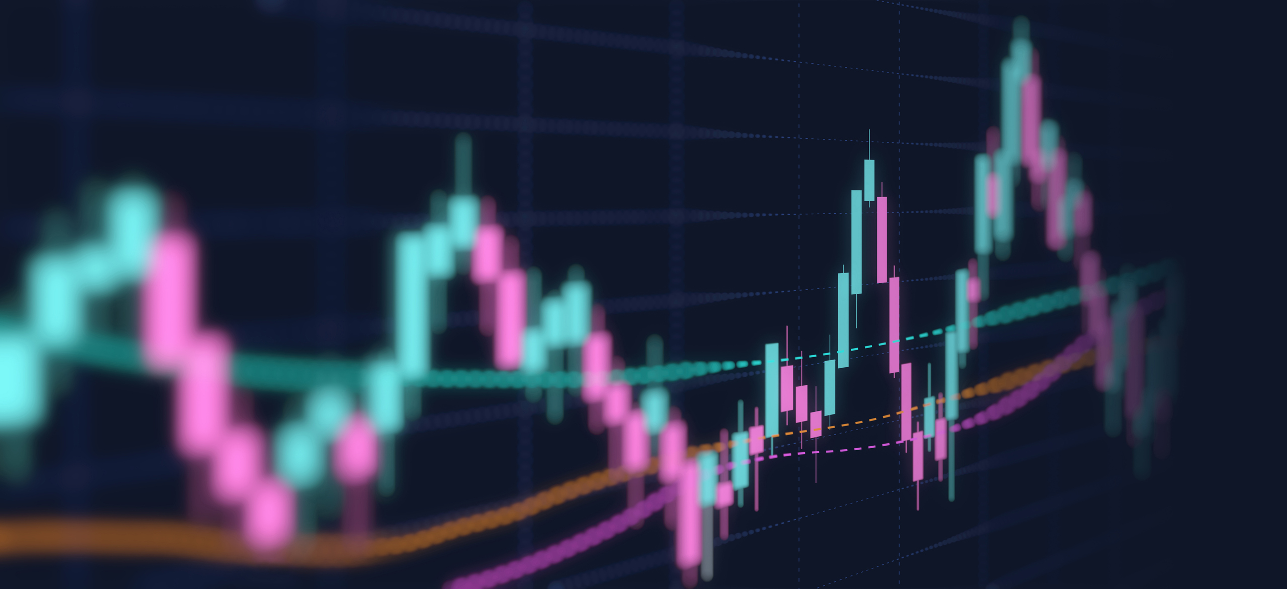 Abstract financial graph with trend line chart in stock market on neon light colour background