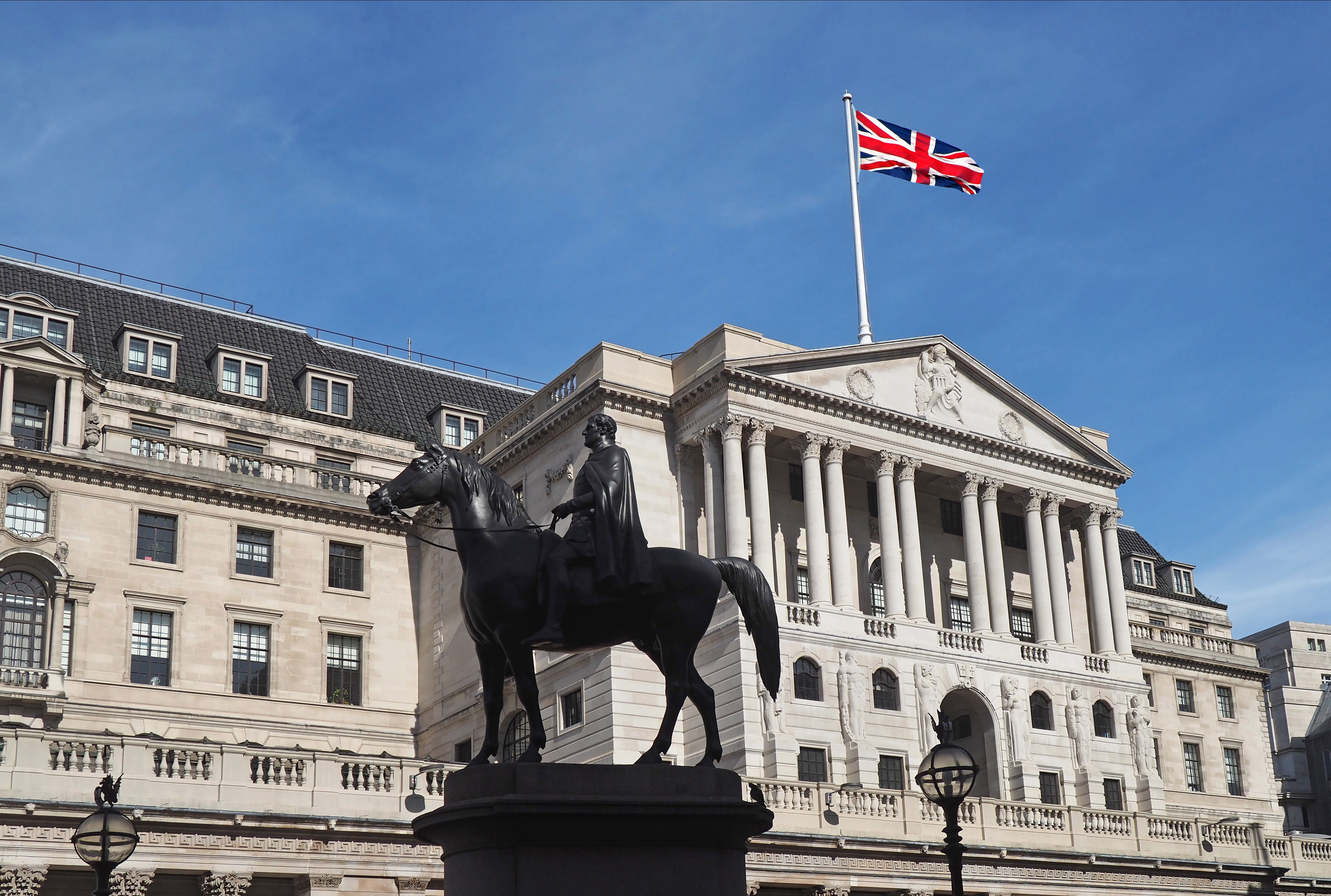 The Bank of England is watched over by a statue of the Duke of Wellington seated on his horse.