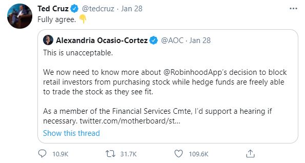 Twitter Screenshot: Ted Cruz agrees with AOC about Robinhood's decision to block retail investors