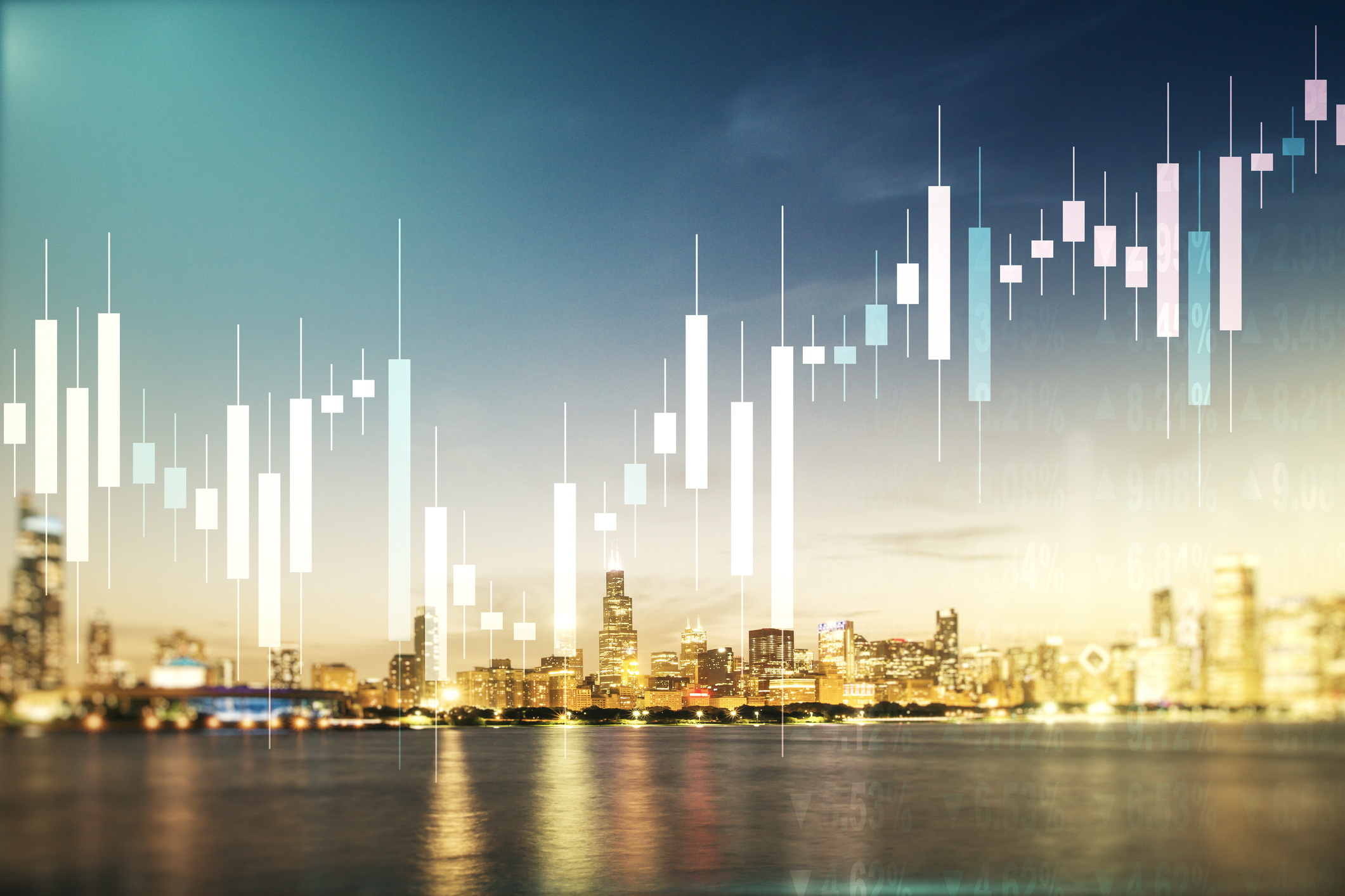 Double exposure of abstract creative financial chart hologram on Chicago skyscrapers background, research and strategy concept