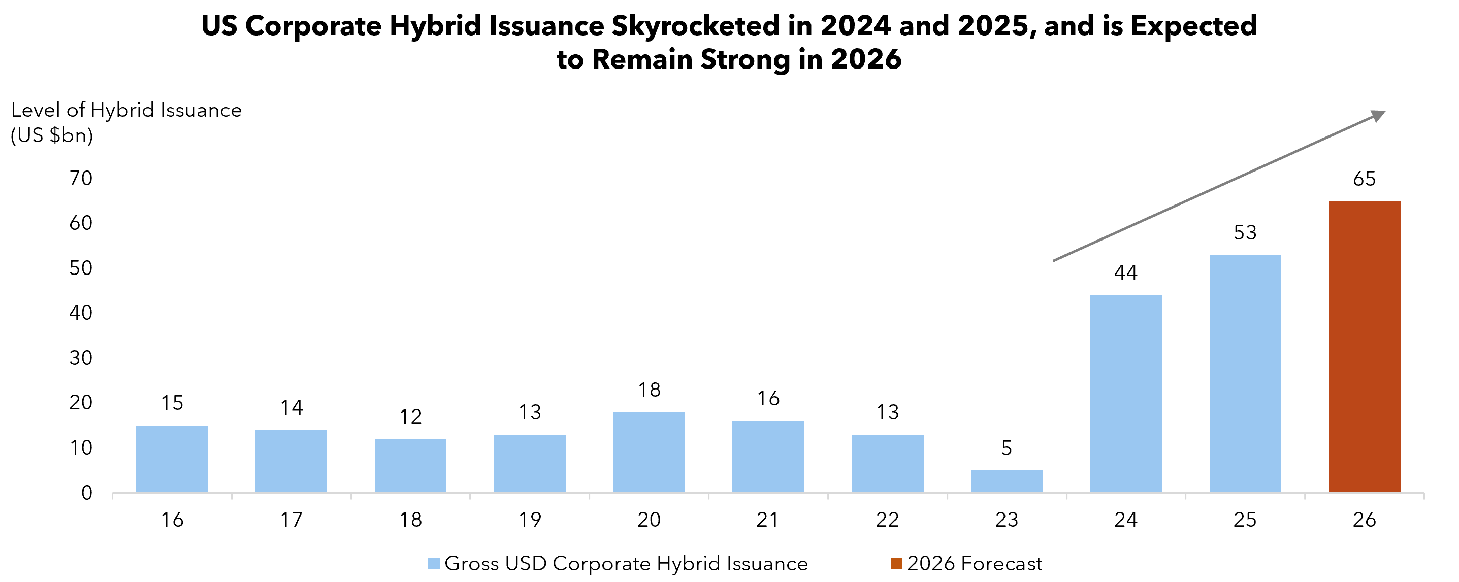 US corporate hybrid issuance rose from $5 billion in 2023 to a record $53 billion in 2025 and is forecast at $65 billion in 2026.