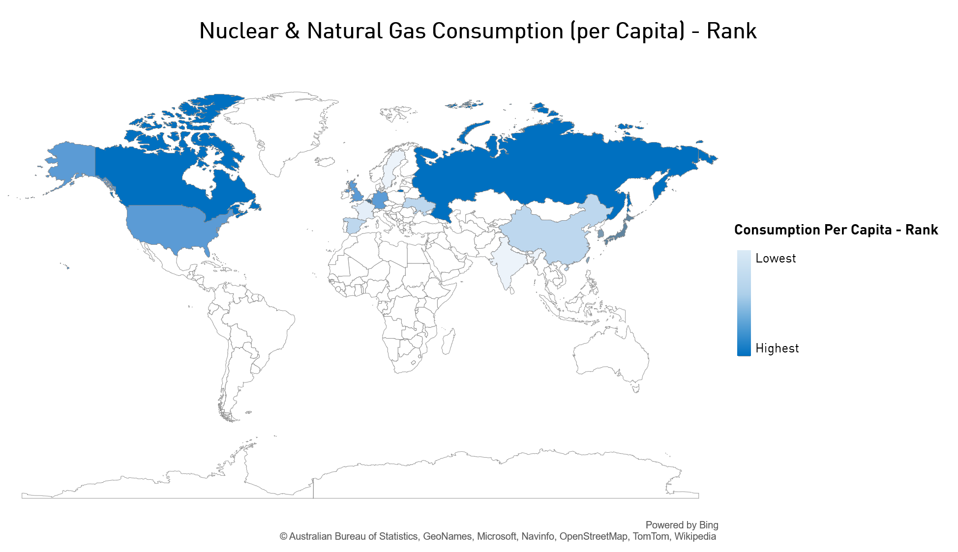 World Map showing Nuclear and Natural Gas Consumption per capita with Canada and Russia having the highest