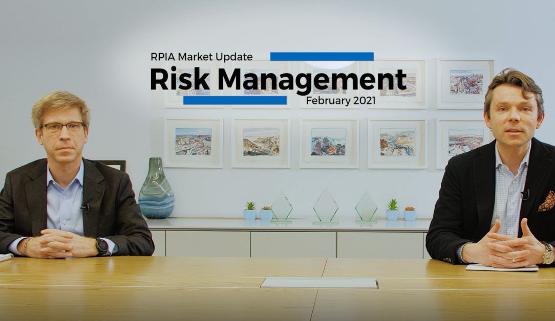 Two men sitting at table with title: RPIA Market Update: Risk Management, February 2021